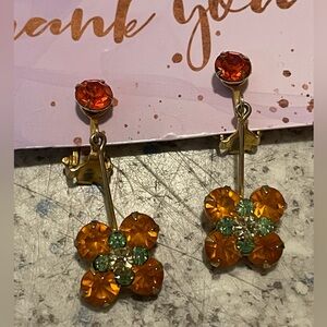 Rhinestone Clip On Dangle Flower Earrings